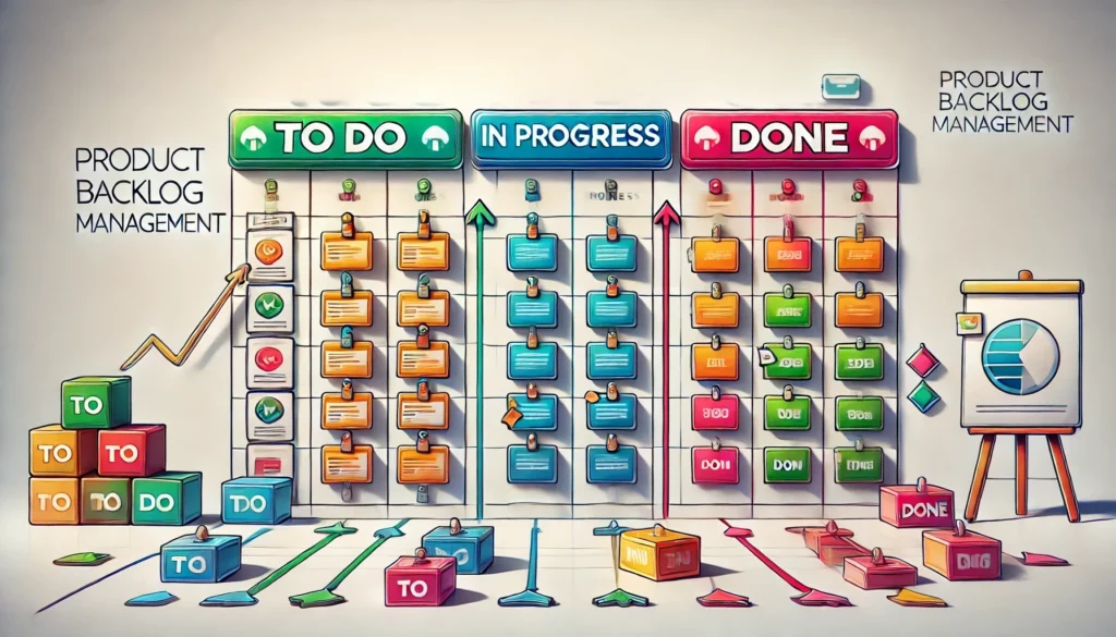 DALL·E 2025-01-24 00.43.07 - A clean and detailed IT graphic illustration focusing on a Kanban board with three large and prominently labeled columns_ 'To Do,' 'In Progress,' and